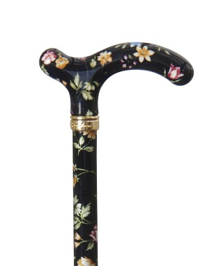CLASSIC CANES Collectors Cane Chelsea Slimline Extending Shaft with BLACK FLORAL Design 4099A