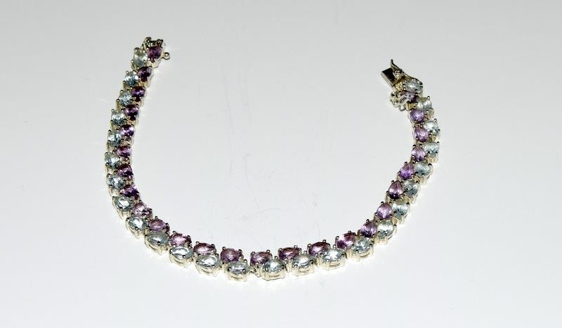 Silver 925 Blue Topaz & Amethyst Line Bracelet