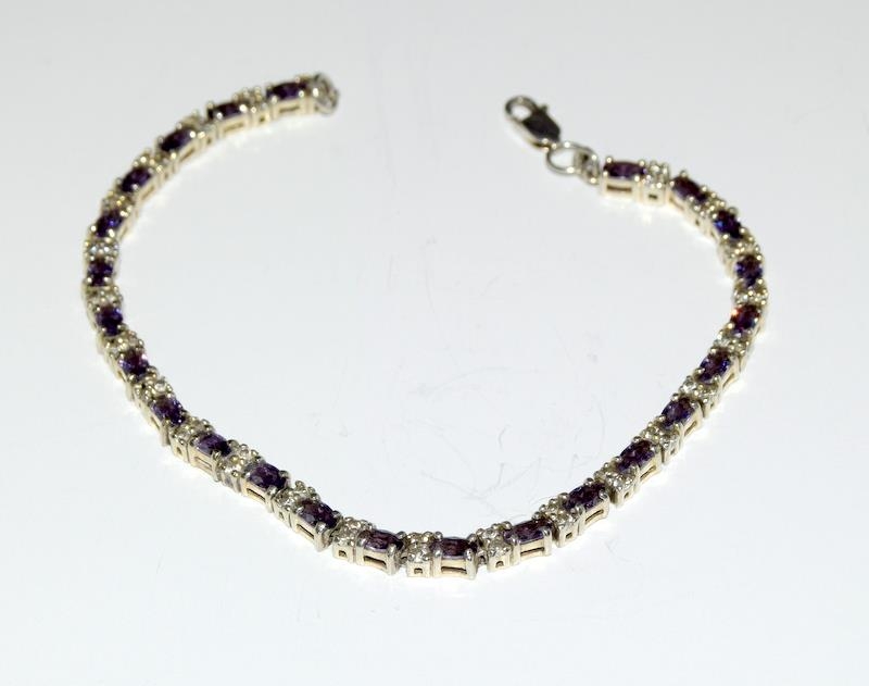 Silver 925 Line Bracelet with Amethyst Links & Double CZ Stones