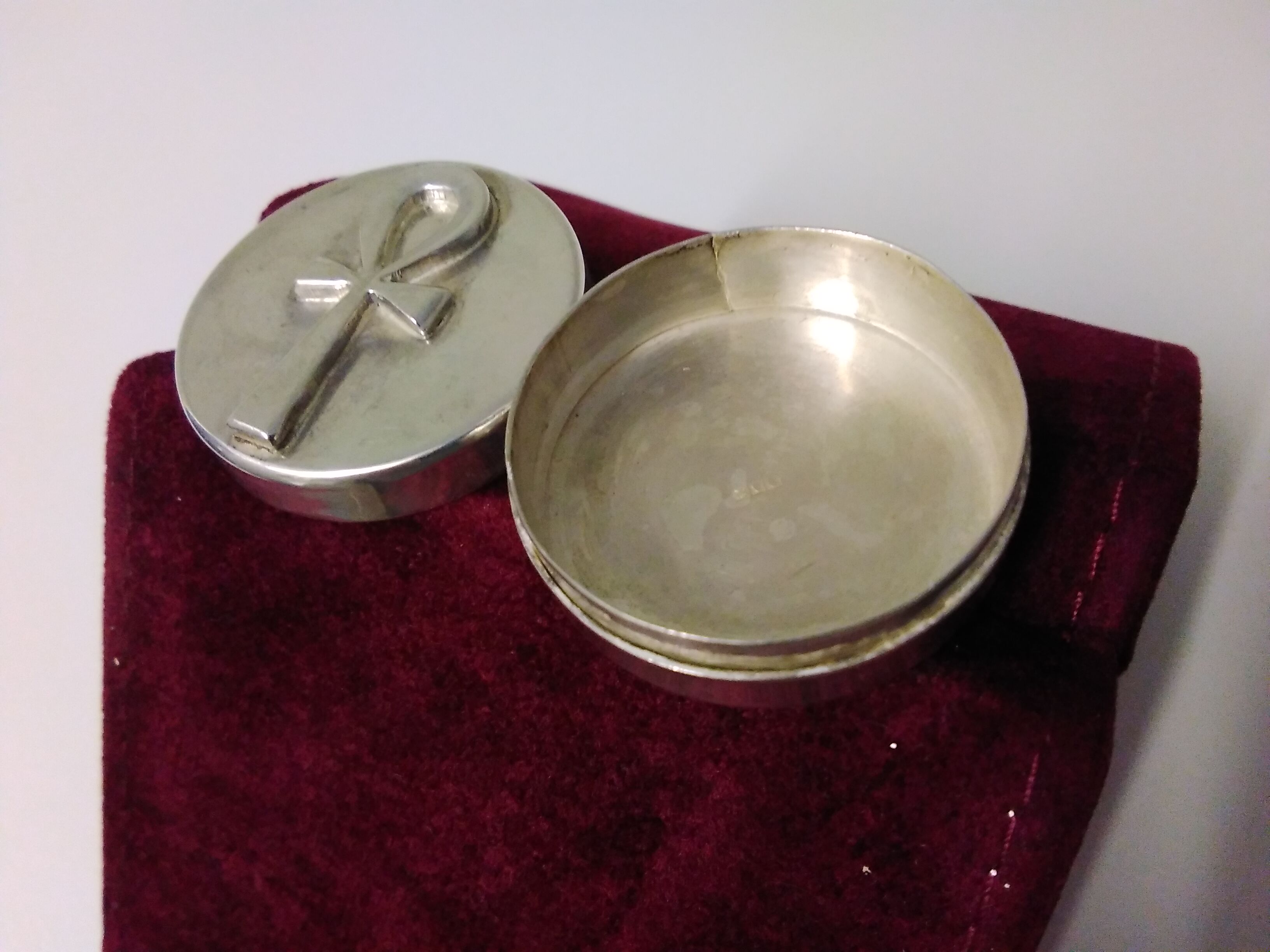 Art Deco Silver Circular Box with Egyptian Ankh Decoration