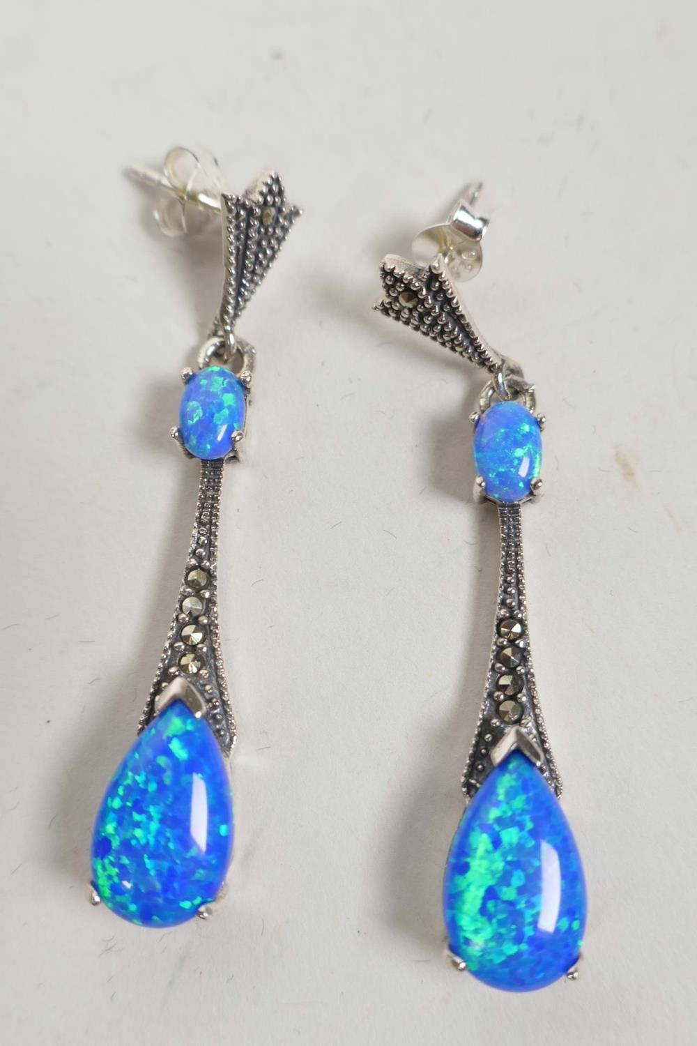 Silver 925 Art Deco Earings with Blue Opalite & Marcasite